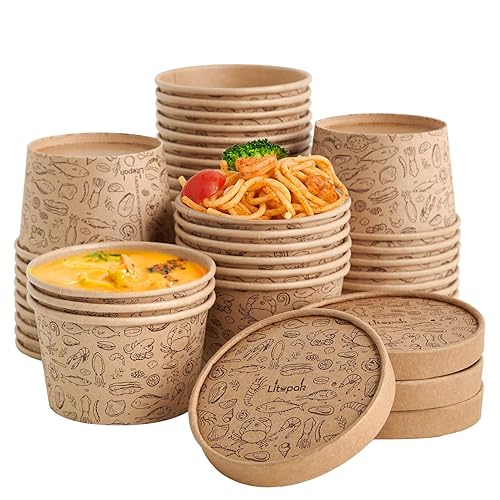 LITOPAK 50 Pack 8 oz Paper Containers with Vented Lids, Kraft Paper Food Cups, Soup Containers Cups with Lids, Disposable Bowls for Hot Soup