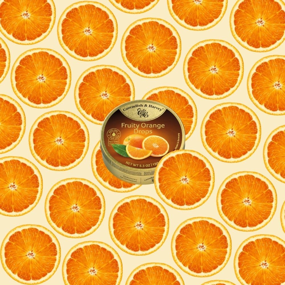 Cavendish & Harvey | Fruity Orange Hard Candy Drops | 5.3 Ounce Tin