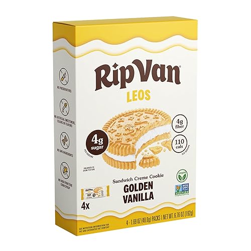 Rip Van Leos - Golden Vanilla Sandwich Cookies - Low Sugar and Low Carb Snack - Diabetic Snacks - 4 Packs of 1.69oz)