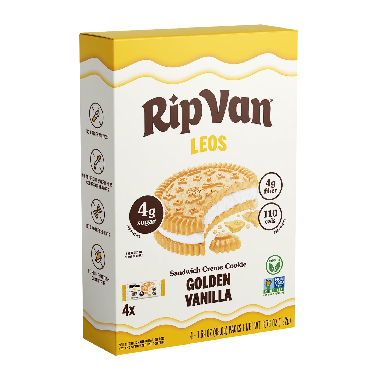 Rip Van Leos - Golden Vanilla Sandwich Cookies - Low Sugar and Low Carb Snack - Diabetic Snacks - 4 Packs of 1.69oz)