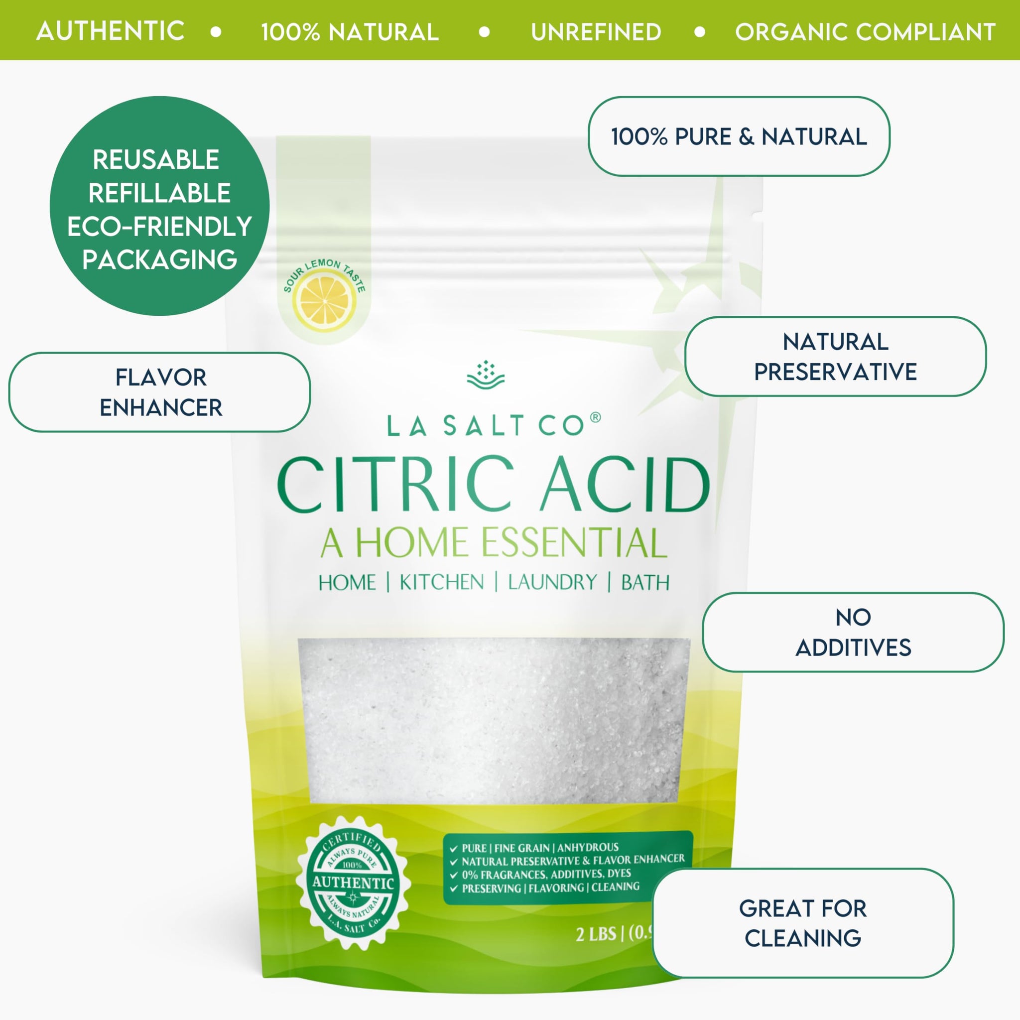 LA SALT CO Citric Acid 2 Pound Pouch, 100% Pure Food Grade, USP, Kosher, Non-GMO, Fragrance Free Fragrance Free