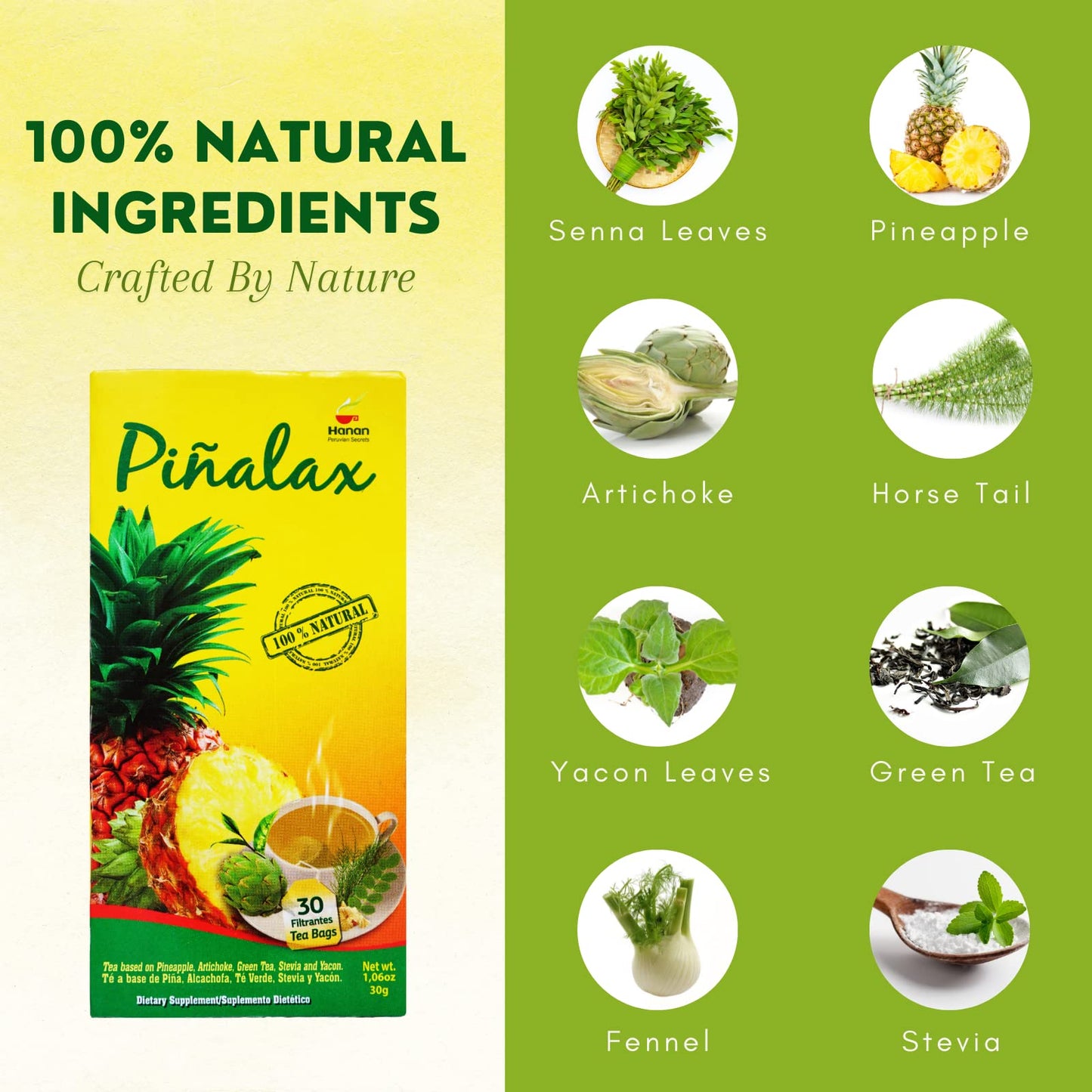 PINALAX Pineapple Piña 100% Natural Blend Detox-Tea promotes digestion | Artichoke, Green Tea, Stevia, Yacon, Senna, Horsetail, and Fennel | 30 Tea