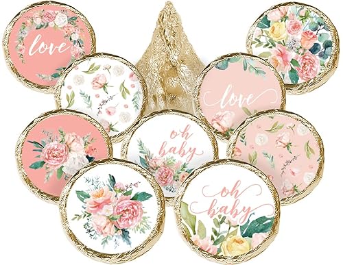 Baby in Bloom Party Favor Stickers, Pink Floral Baby Shower Chocolate Kisses Candy Labels - 180 Count