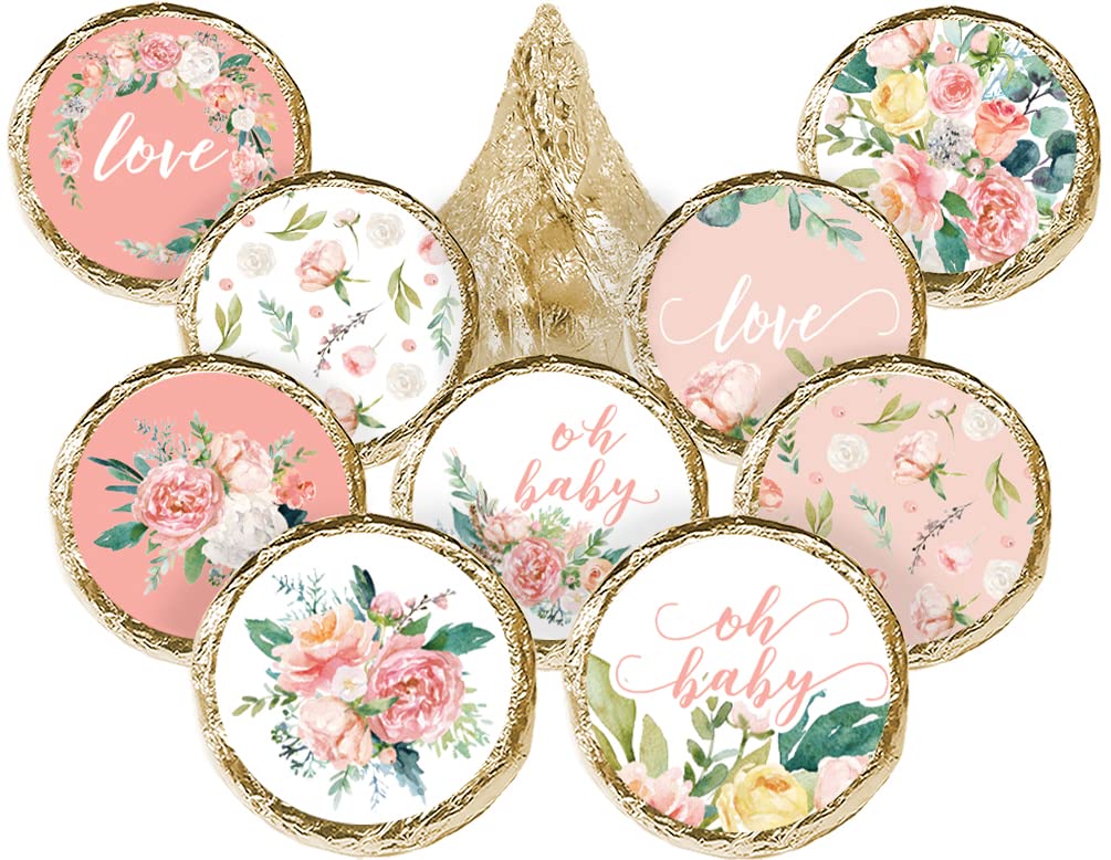 Baby in Bloom Party Favor Stickers, Pink Floral Baby Shower Chocolate Kisses Candy Labels - 180 Count