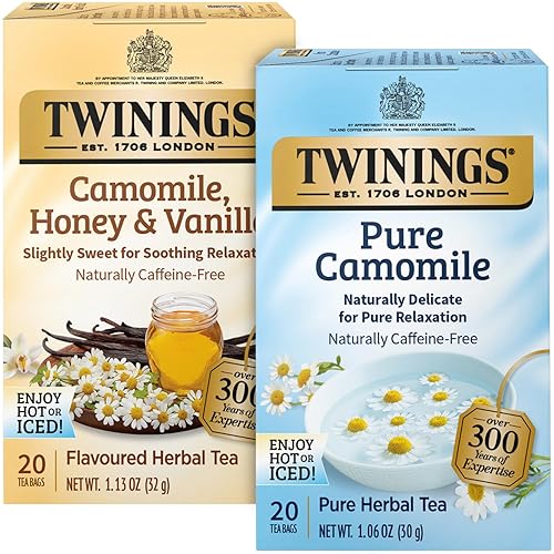 Twinings Camomile Herbal Tea Bag Variety 2-Pack - Pure + Honey & Vanilla Naturally Caffeine-Free Teas, 20 Count Each