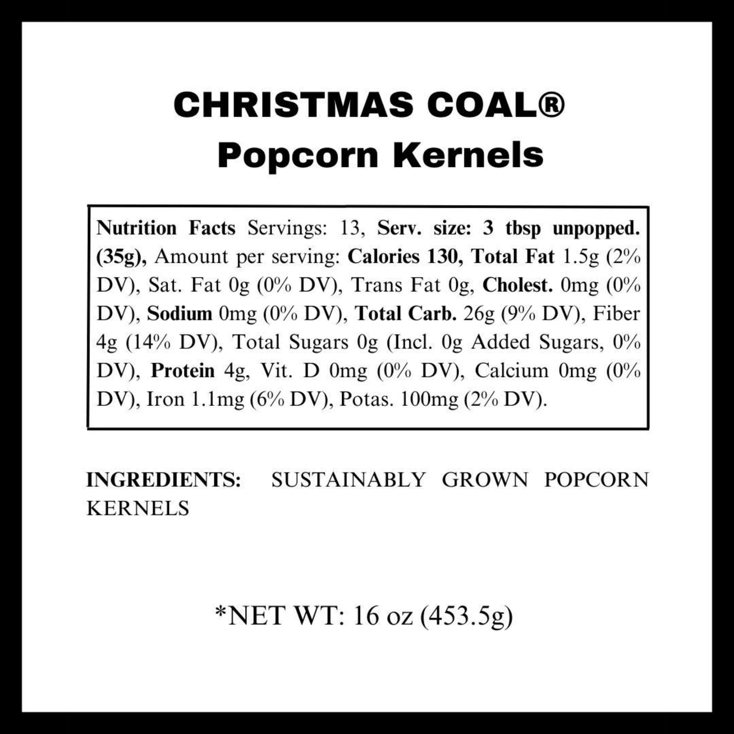 Christmas Coal Gourmet Popcorn Kernels - Fun and Unique X-Mas Stocking Stuffer - Lump of Coal Black Popcorn Gift for Him from Dell Cove Spices, One