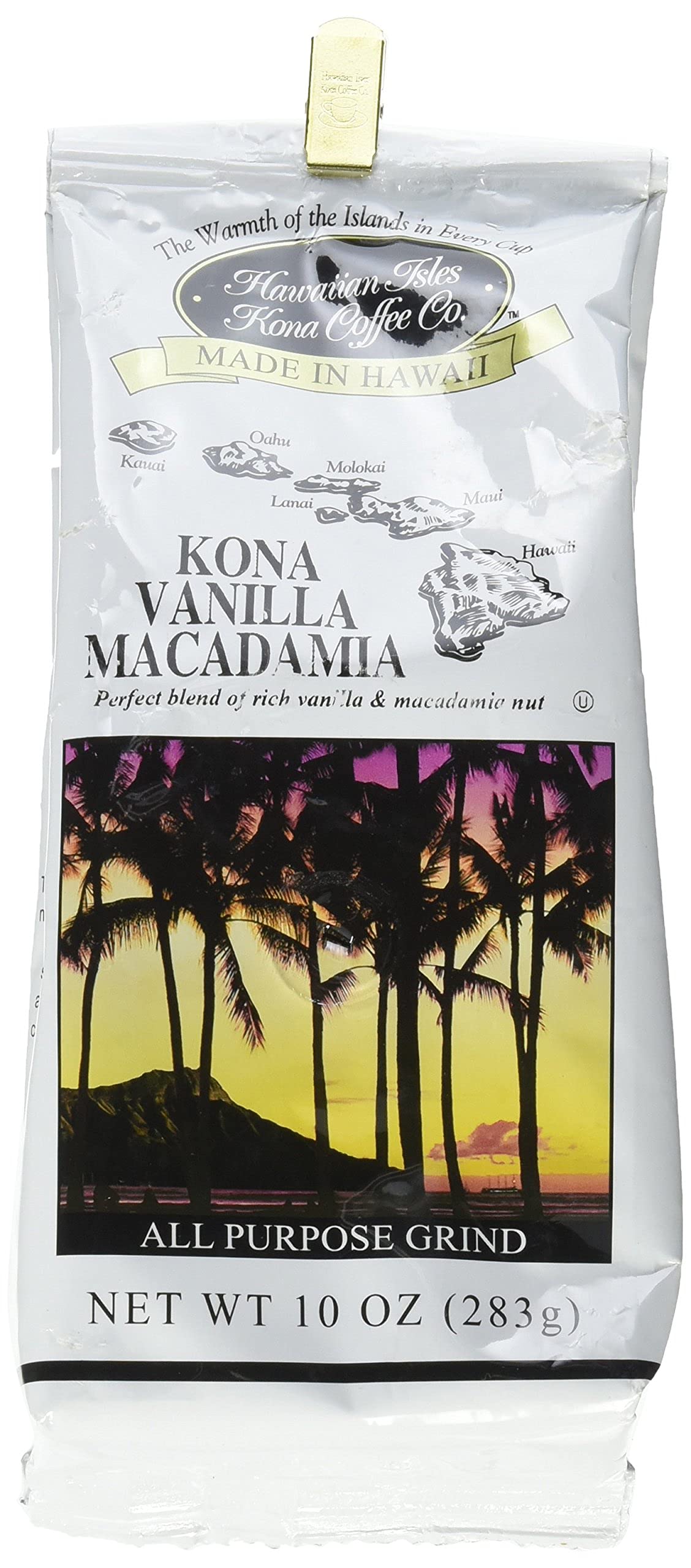 Hawaiian Isles Kona Coffee Co. Kona Vanilla Macadamia Nut Ground Coffee, Medium Roast, 8 ounce bag-SET OF 10