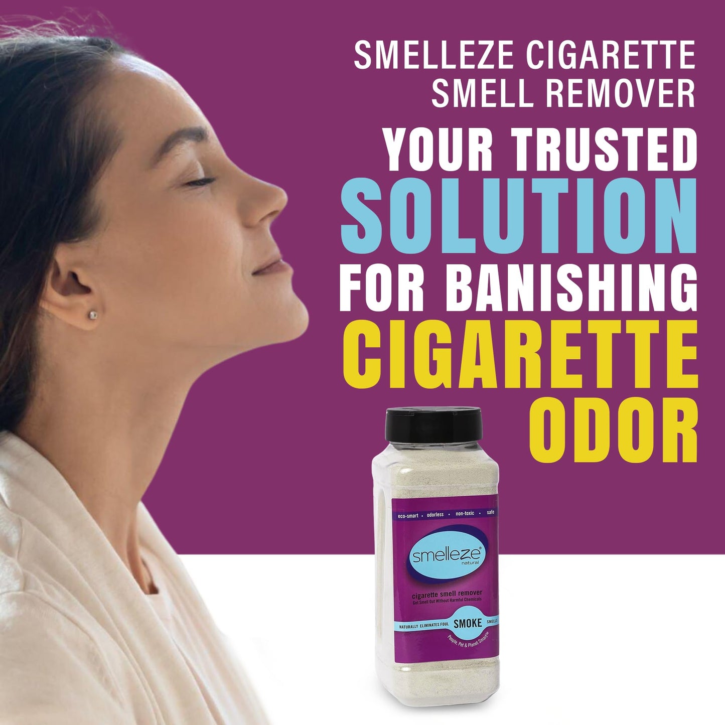 SMELLEZE Natural Cigarette Odor Eliminator Deodorizer: 2 lb. Powder Removes Smoking Stink