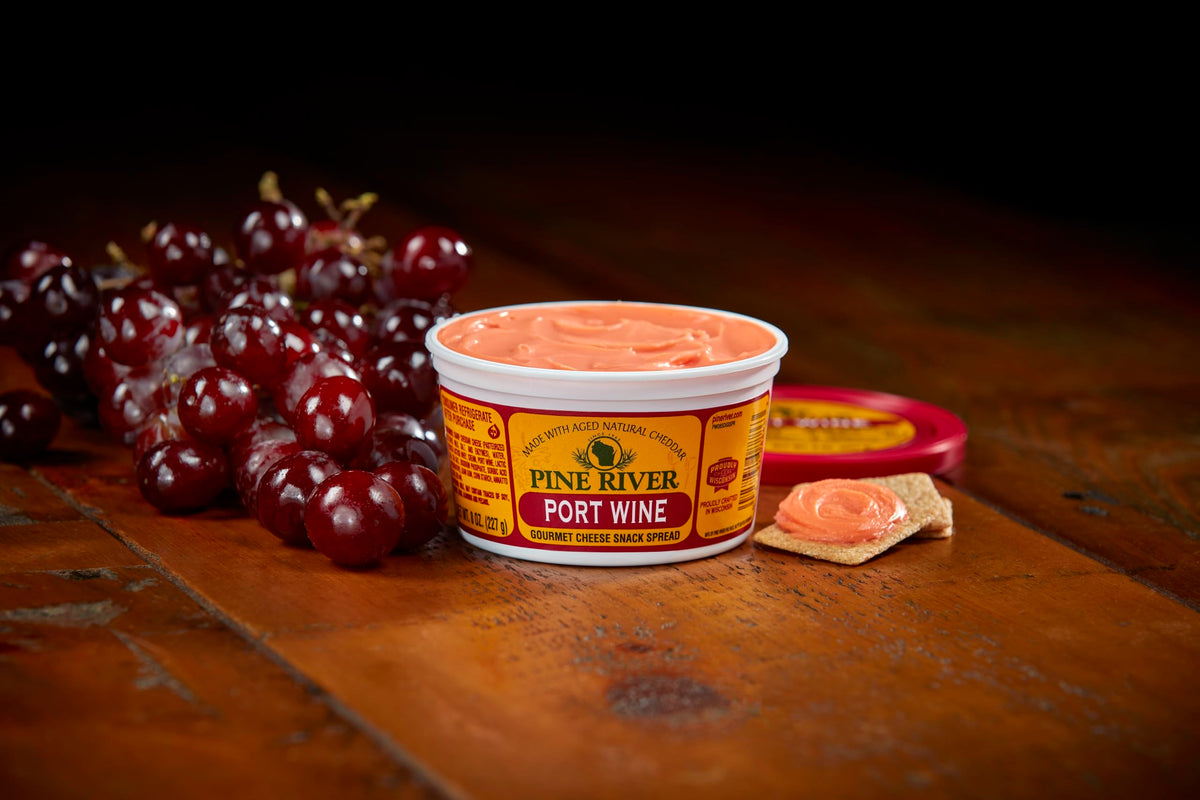Pine River Cheese Spreads 4-Pack | Port Wine | (4) 8 oz tubs | SHELF-STABLE | Fruity, Sharp & Creamy Authentic Wisconsin Pub Cheese Spread