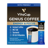 VitaCup Genius Instant Coffee Packets, Increase Energy & Focus, Keto Coffee, Serve Hot or Cold Brew, MCT Oil, Turmeric, B Vitamins, D3, Bold