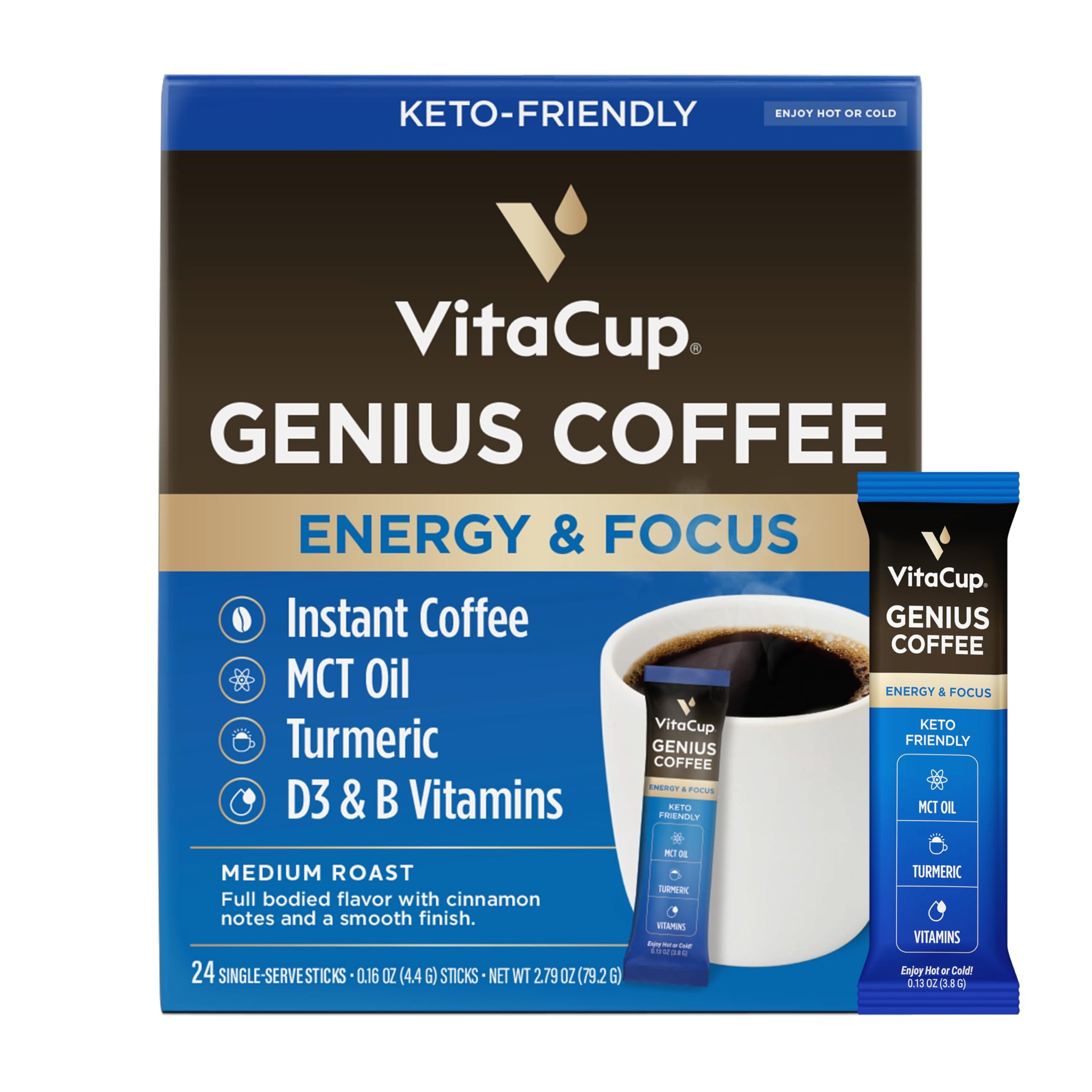 VitaCup Genius Instant Coffee Packets, Increase Energy & Focus, Keto Coffee, Serve Hot or Cold Brew, MCT Oil, Turmeric, B Vitamins, D3, Bold
