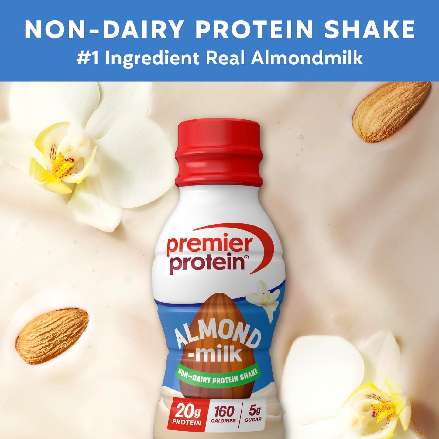 Premier Protein Non-Dairy Plant Based Almondmilk Protein Shake, Vanilla, 20g Protein, 5g Sugar, 11.5 Fl oz (12 Pack)