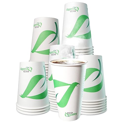 EcoQuality 16 oz Compostable Paper Cups - Biodegradable Disposable White Paper Coffee Cups PLA Lined - Eco-friendly Hot and Cold Drinking Cups