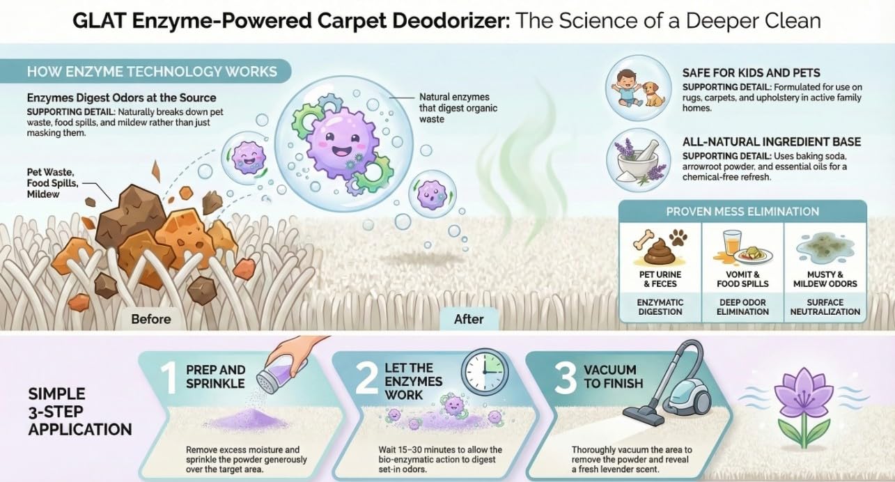 GLAT Group Enzyme-Powered Carpet Deodorizer (Powder) - Unscented | Natural Pet Odor Eliminator | Bio-Enzymatic Formula, Premium Performance, Eco