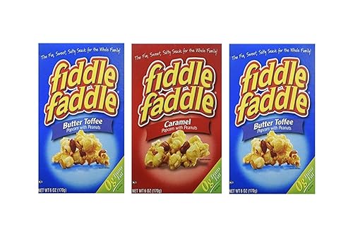 Fiddle Faddle Popcorn with Peanuts Three Box Bundle - 2 Butter Toffee and 1 Caramel 6 oz boxes
