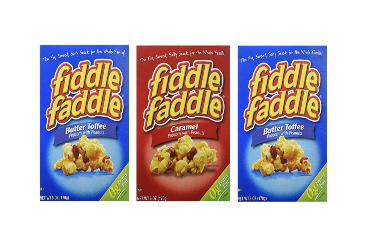 Fiddle Faddle Popcorn with Peanuts Three Box Bundle - 2 Butter Toffee and 1 Caramel 6 oz boxes
