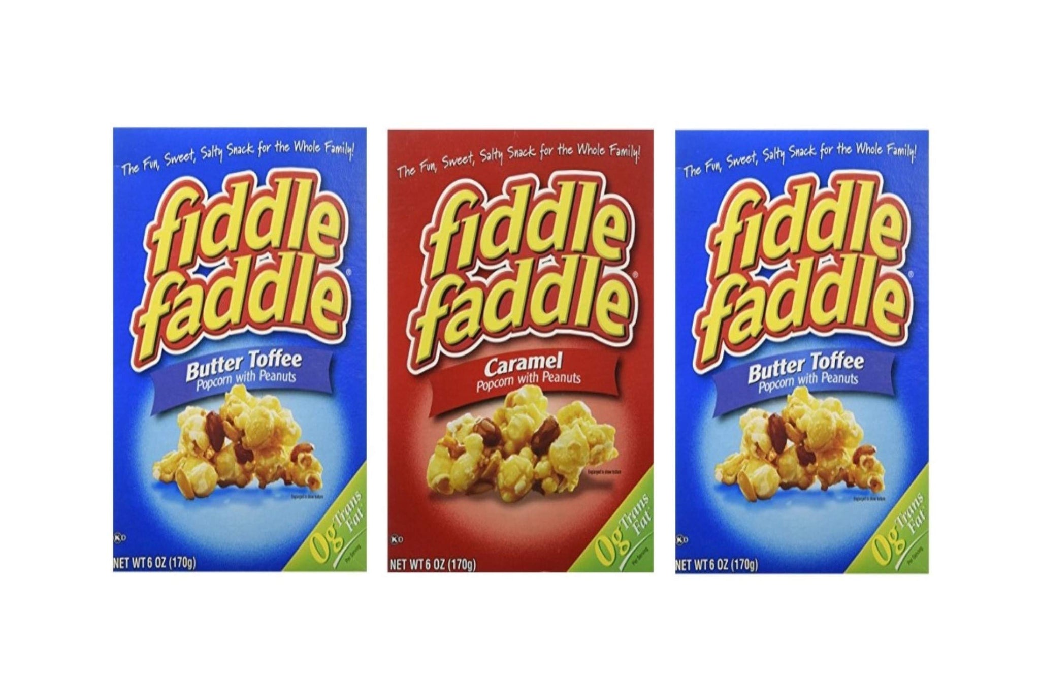 Fiddle Faddle Popcorn with Peanuts Three Box Bundle - 2 Butter Toffee and 1 Caramel 6 oz boxes