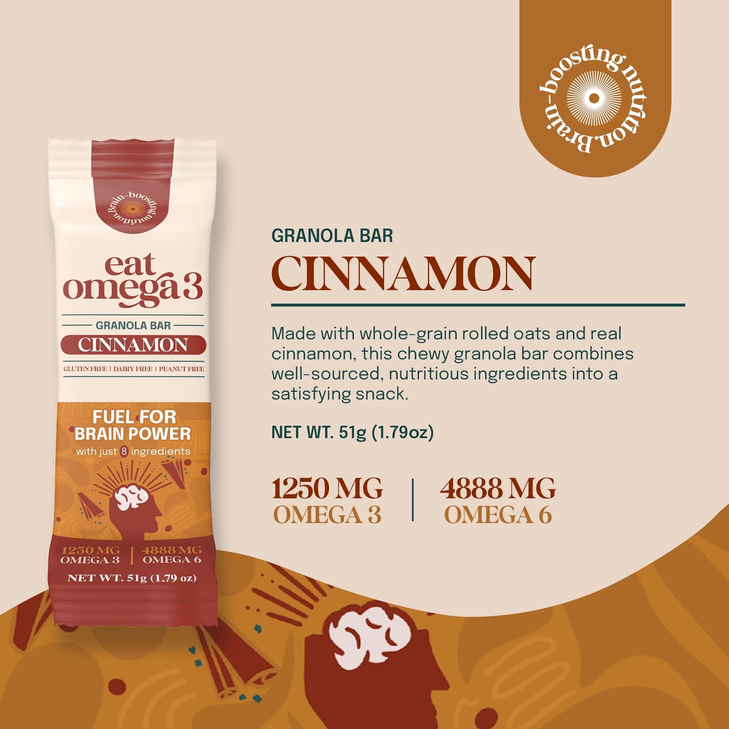 Eat Omega 3 Cinnamon Granola Bar - Gluten-Free, Dairy-Free, Plant-Based Protein Snack with Omega-3 & Omega-6, Low Sugar, Non-GMO - 1.79oz, 12 Count
