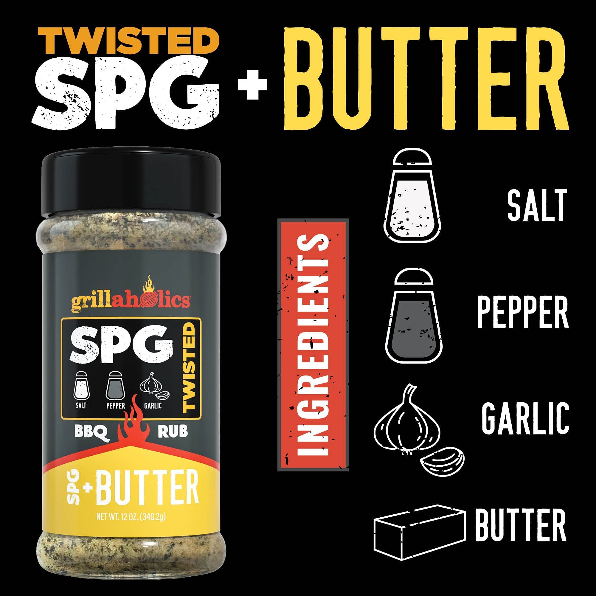 Grillaholics SPG Seasoning with Butter - Garlic Butter Steak Seasoning & BBQ Rub - Premium Salt Pepper Garlic All-Purpose Rub for Beef, Poultry, Pork
