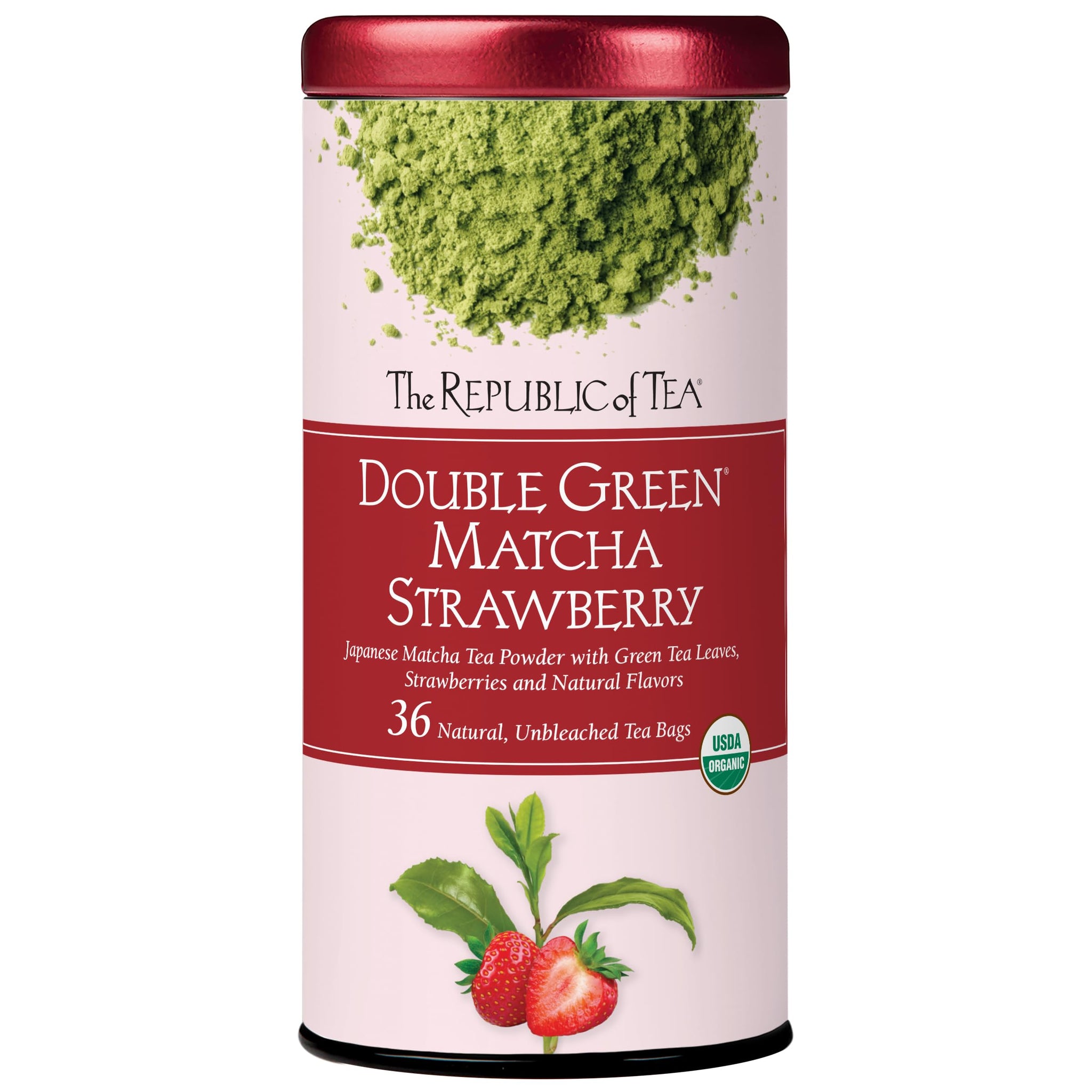 The Republic of Tea Organic Double Green Matcha Strawberry, Individual Tea Bags with Japanese Matcha Tea Powder and Green Tea Leaves Blend, Natural