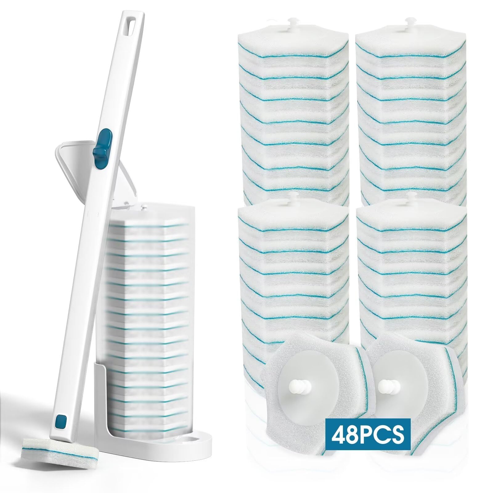 Disposable Toilet Brush with 48 PCS Refills, Disposables Toilets Cleaning System with Handle, Storage Caddy and 48Toilet Bowl Refill Heads