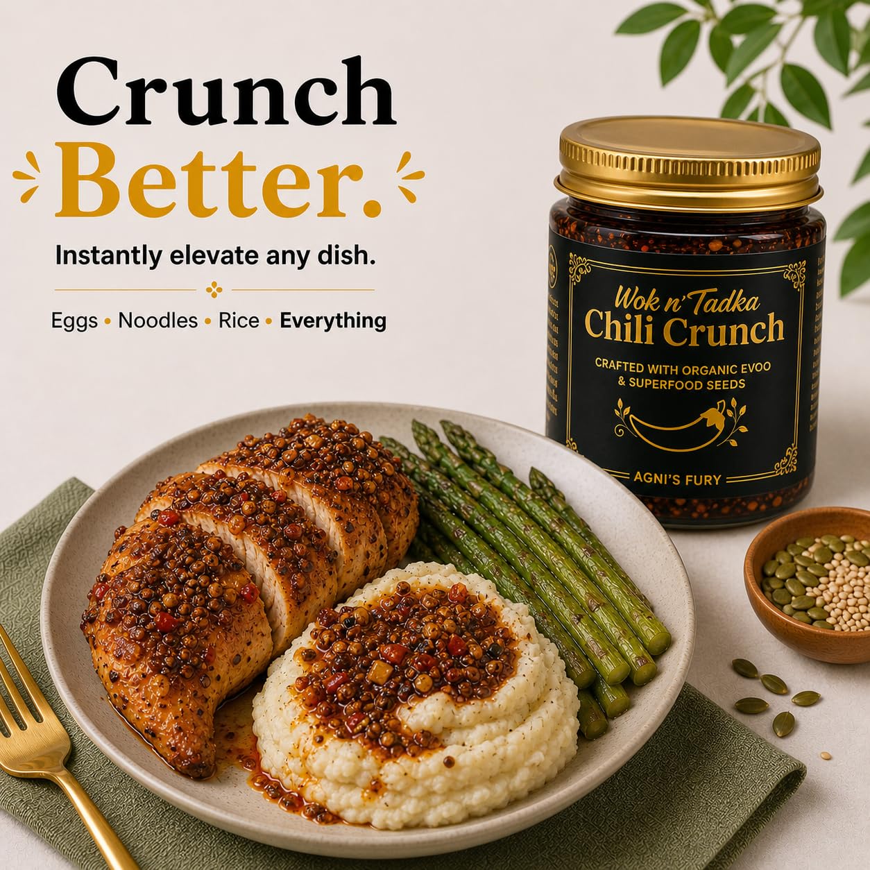 Wok n Tadka Extra Spicy Garlic Chili Crunch 6oz, Hot Crunchy Chili Crisp with Organic EVOO, Superfood Seeds, No Seed Oils, No Sugar Added, Gluten