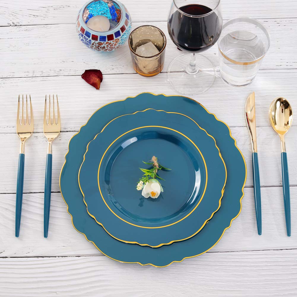 Nervure 100PCS Teal Plastic Plates With Gold Rim & Gold Disposable Silverware with Teal Handle Include 40 Plates, 60 Plastic Sivlerware for Party