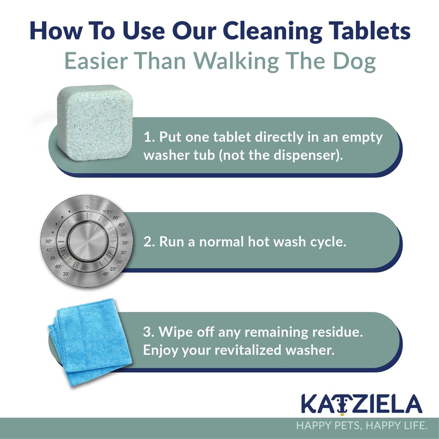 Katziela Washing Machine Cleaner Tablets - 6 Pack (3-Month Supply) - Loosens Pet Hair & Eliminates Odors - Fragrance-Free Enzyme Formula - Safe