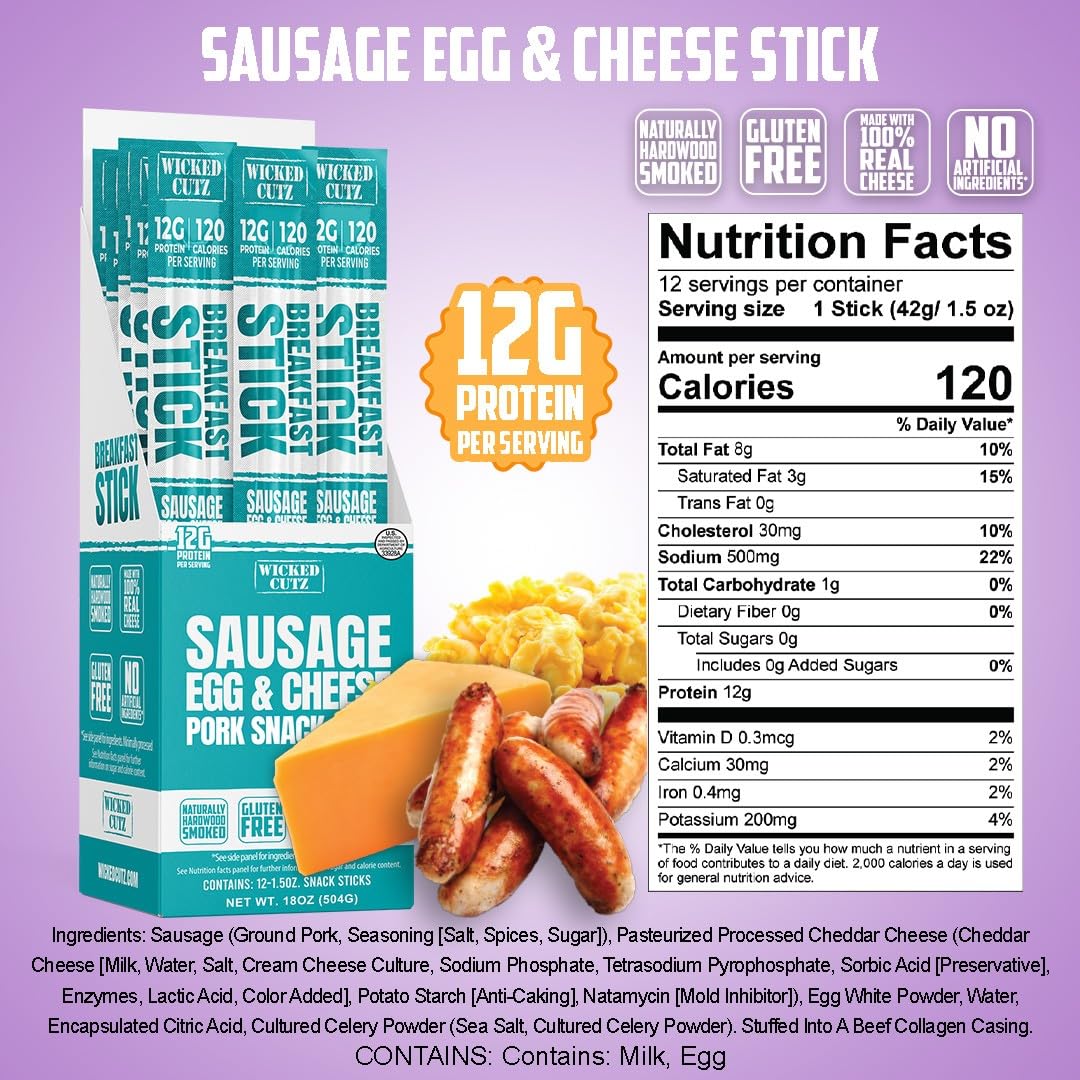 Wicked Cutz Sausage Egg and Cheese Stick, 12g Protein Per Gluten Free Breakfast Stick, USA Made High Protein Carnivore Snacks, Breakfast Meat Sticks