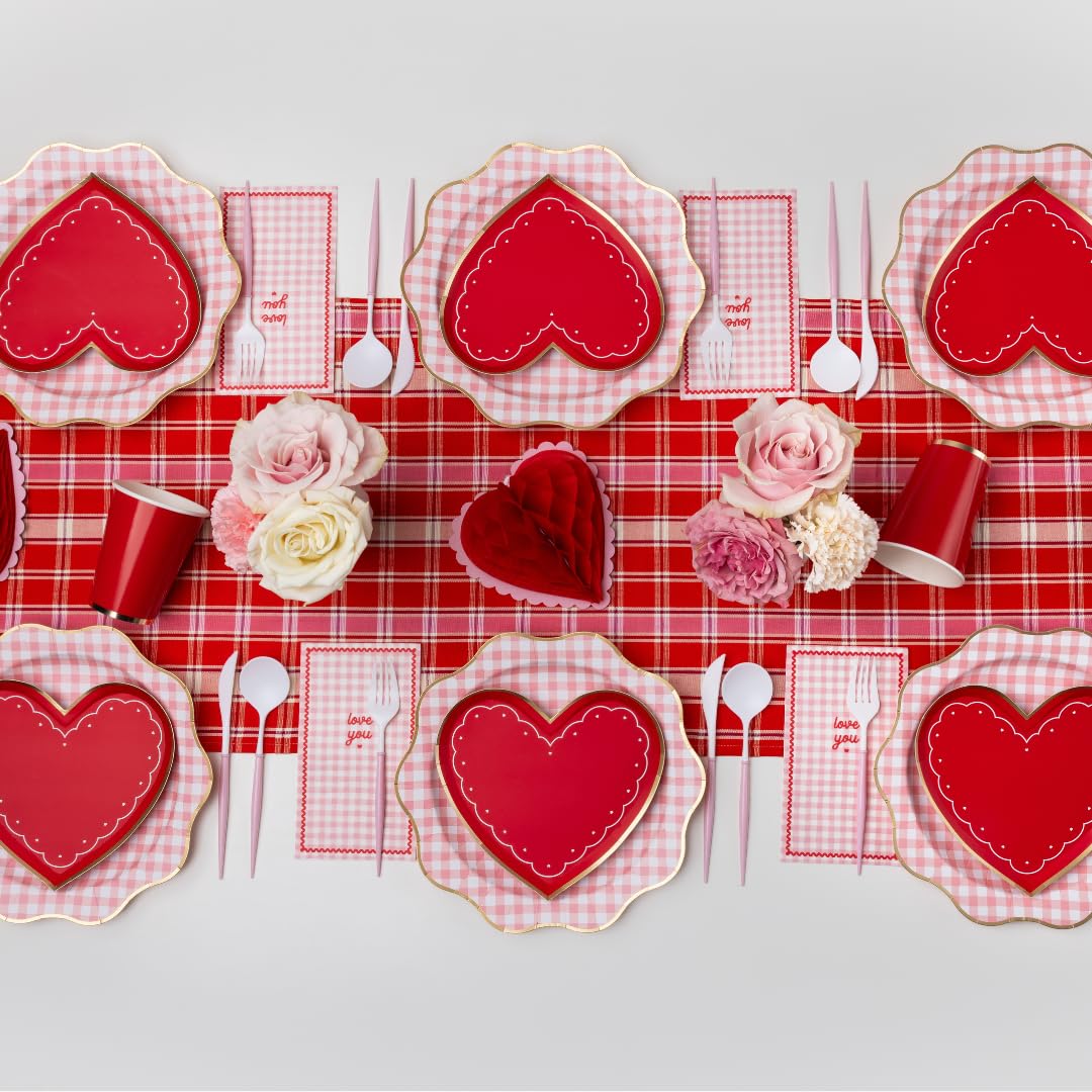 Bonjour Fête Gingham Valentine’s Day Guest Towels | Pink “Love You” Napkins for Galentine’s Parties, Girls Night & Bridal Showers | Paper Party