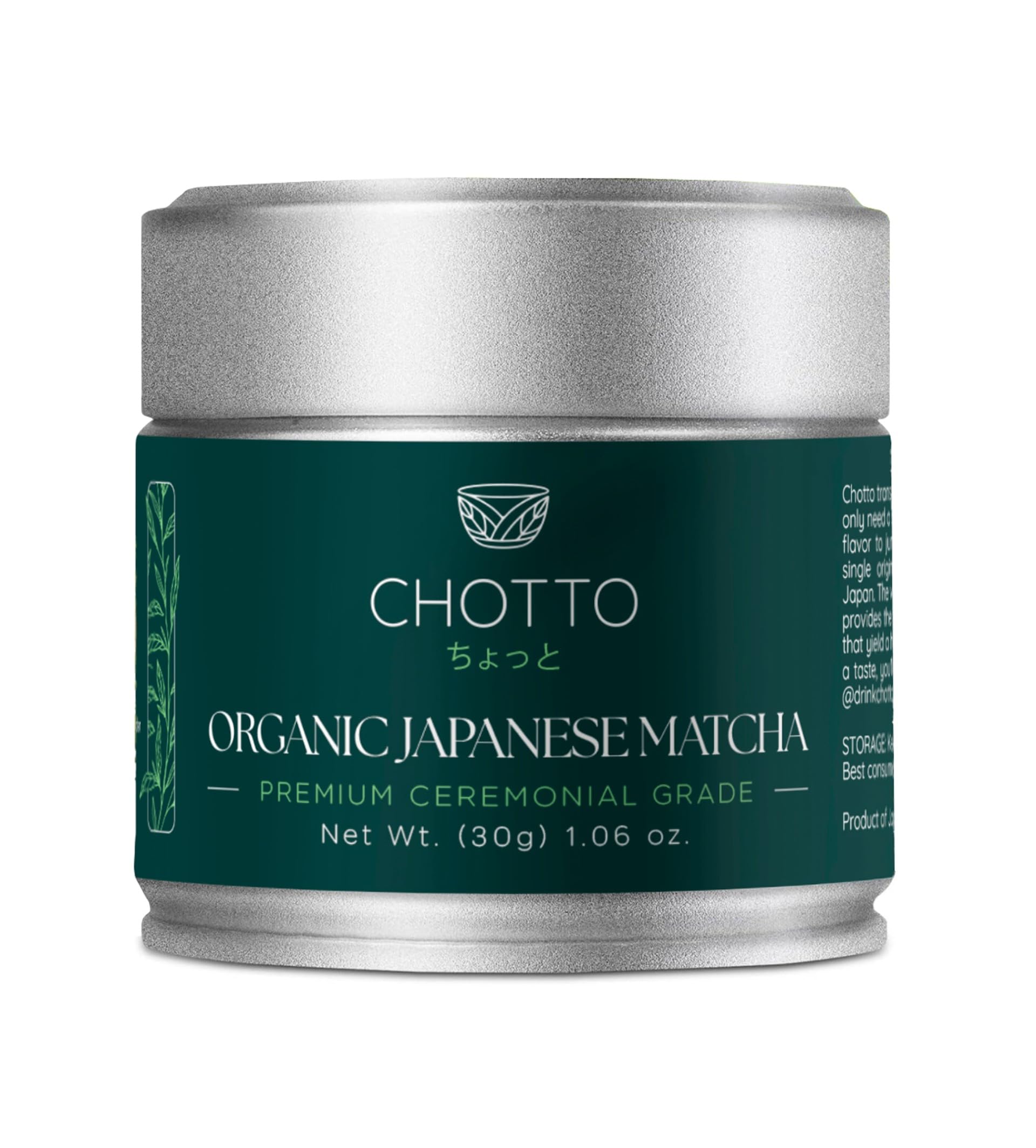 Chotto Premium Organic Ceremonial Grade Matcha Powder, 30g (1.06oz)