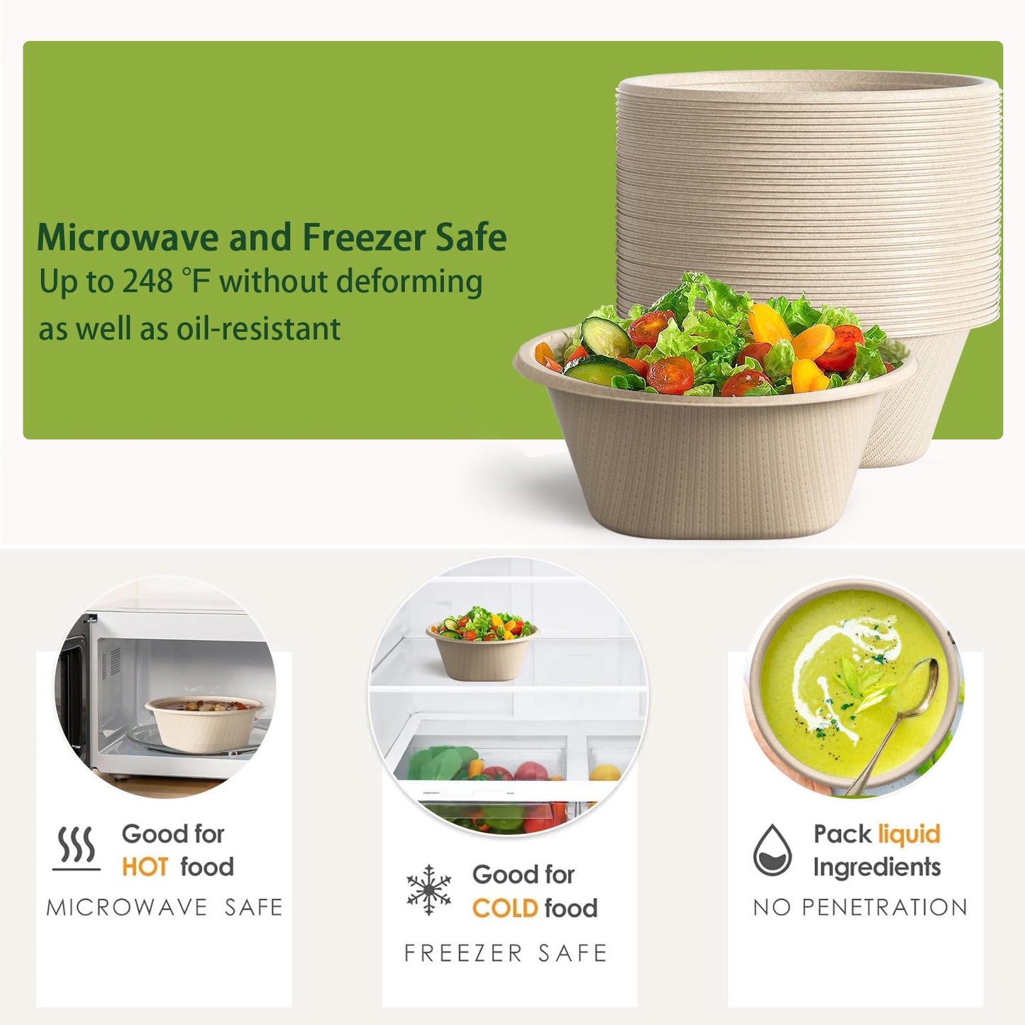 Homestockplus Large Disposable Bowl - Heavy Duty Paper Bowls - Made from Sugarcane and Bamboo Fiber, Microwave Safe - 48 Oz Paper Bowls for Soup