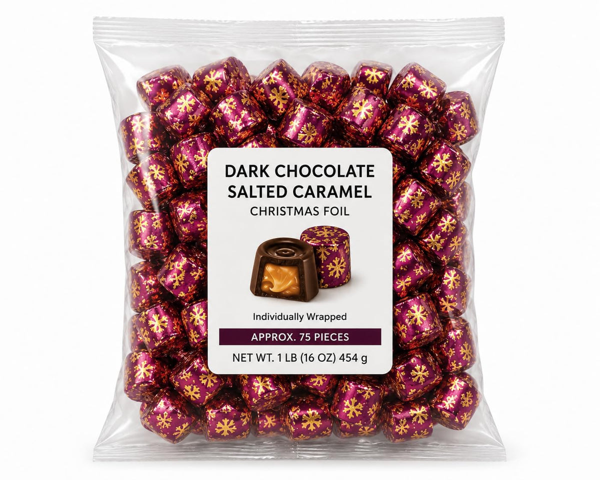 Dark Chocolate Salted Caramel Candy, Christmas Wrapped Caramels - 1 lb (Approx. 45 pieces)