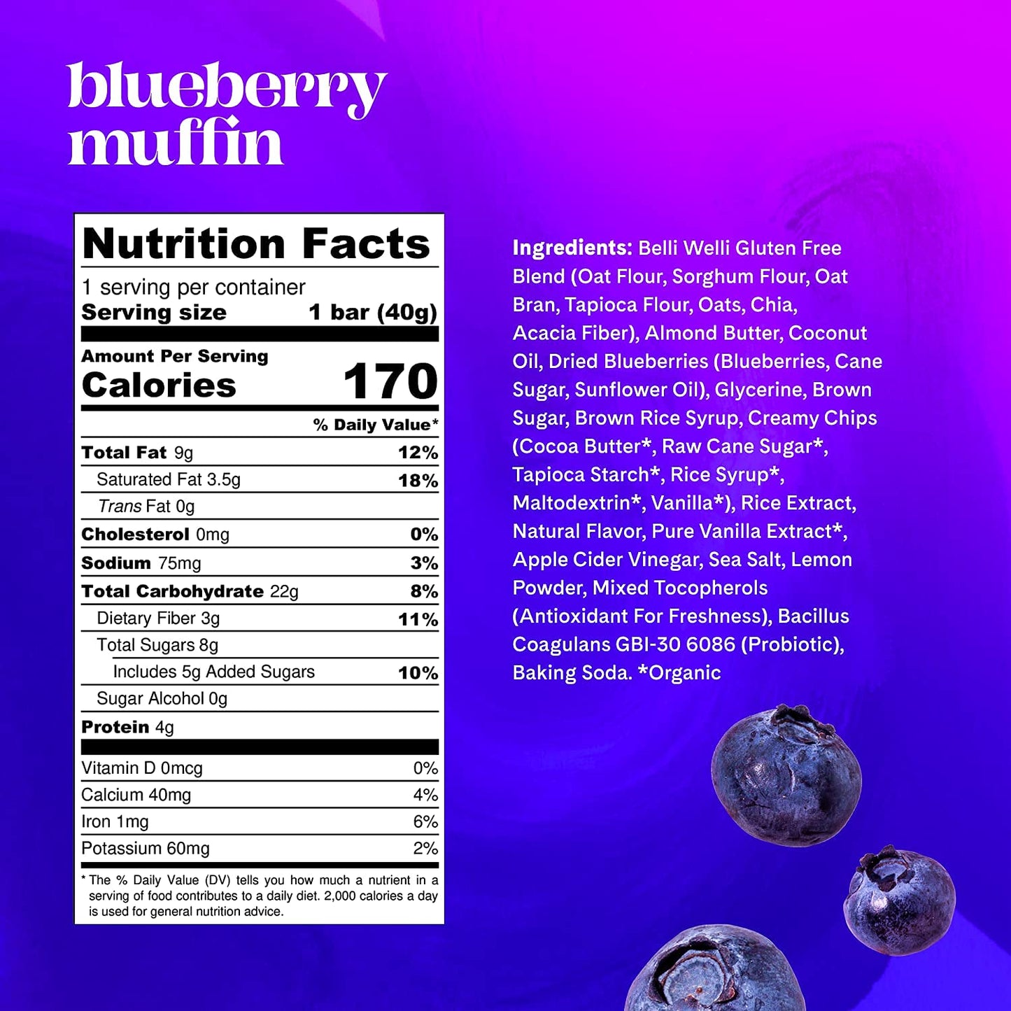 Belliwelli Soft Baked Probiotic Snack Bar | Gluten-Free, Dairy-Free, Vegan, & Low-FODMAP | Blueberry Muffin (8 Pack)