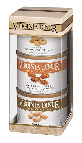 Virginia Diner Classics Triplet Treasure Virginia Peanuts Gift Set: Salted & Butter Toasted Peanuts, Jumbo Cashews, 27 oz total (Pack of 1) Salted