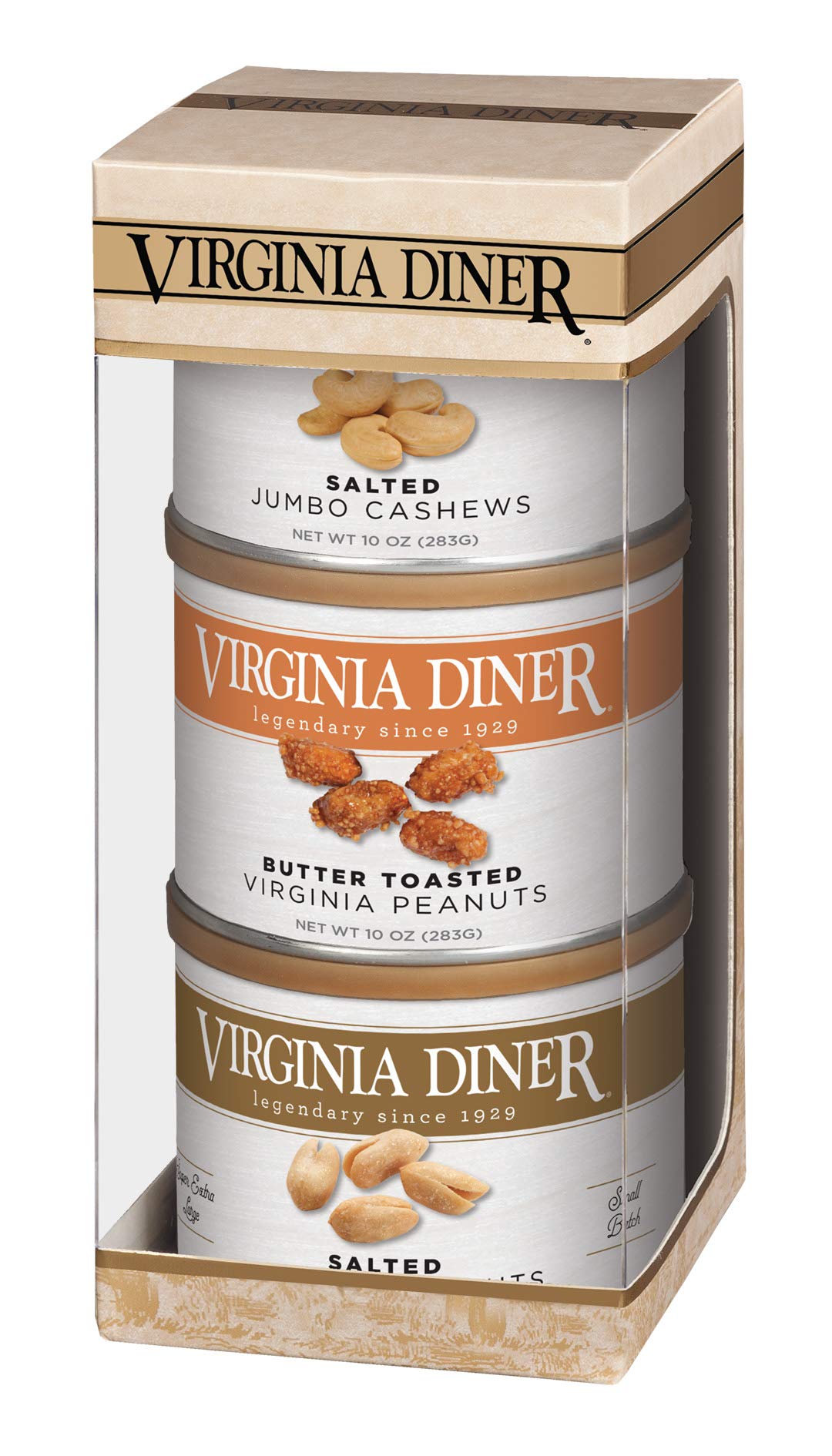 Virginia Diner Classics Triplet Treasure Virginia Peanuts Gift Set: Salted & Butter Toasted Peanuts, Jumbo Cashews, 27 oz total (Pack of 1) Salted