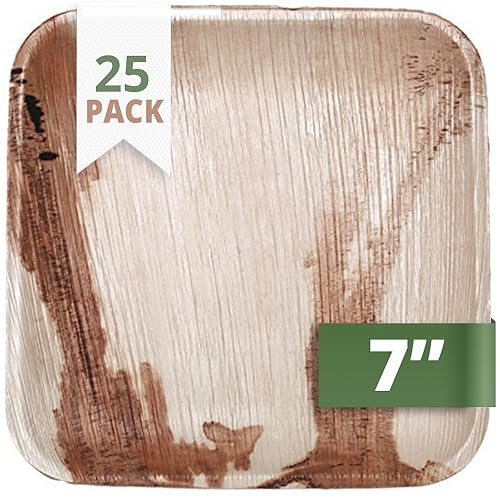 CaterEco Square Palm Leaf Plates Set (Pack of 25) | Salad Plates | Ecofriendly Disposable Dinnerware | Heavy Duty Biodegradable Party Utensils