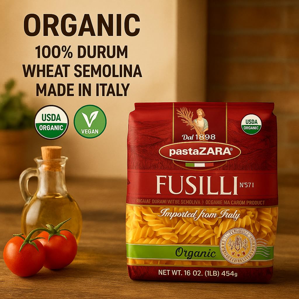 PASTA ZARA - Fusilli - Organic - 100% Italian Pasta, Made with Durum Wheat Semolina Flour, Non GMO, Kosher (1 LB. BAG) - Consistently al Dente.