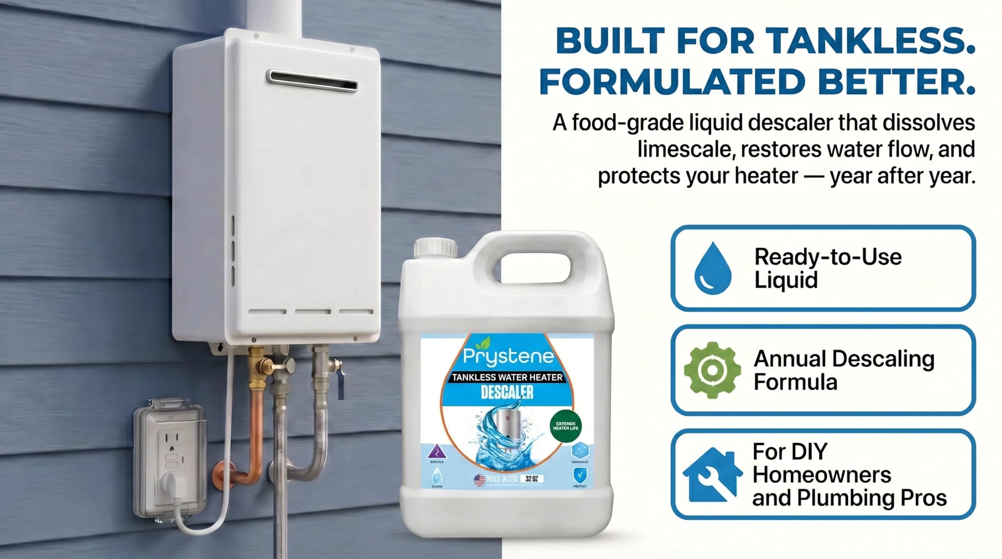 Prystene Tankless Water Heater Descaler - Liquid Descaling & Flushing Solution 32 oz - Removes Limescale, Restores Heating Efficiency & Water Pressure