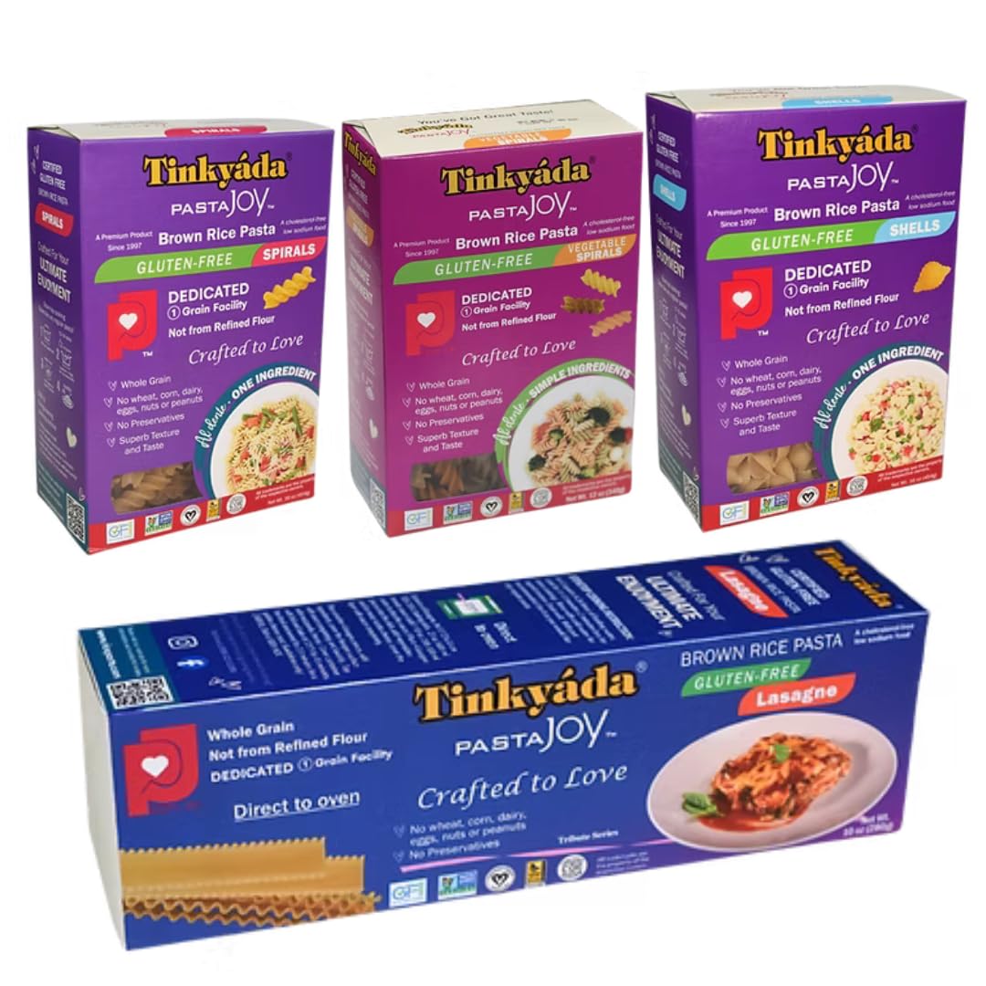 4-Pack Tinkyada Brown Rice Pasta - Spirals, Vegetable Spirals, Rice Shells & Lasagne - Gluten-Free, Non-GMO, Vegan, Perfect for Family Meals, Events