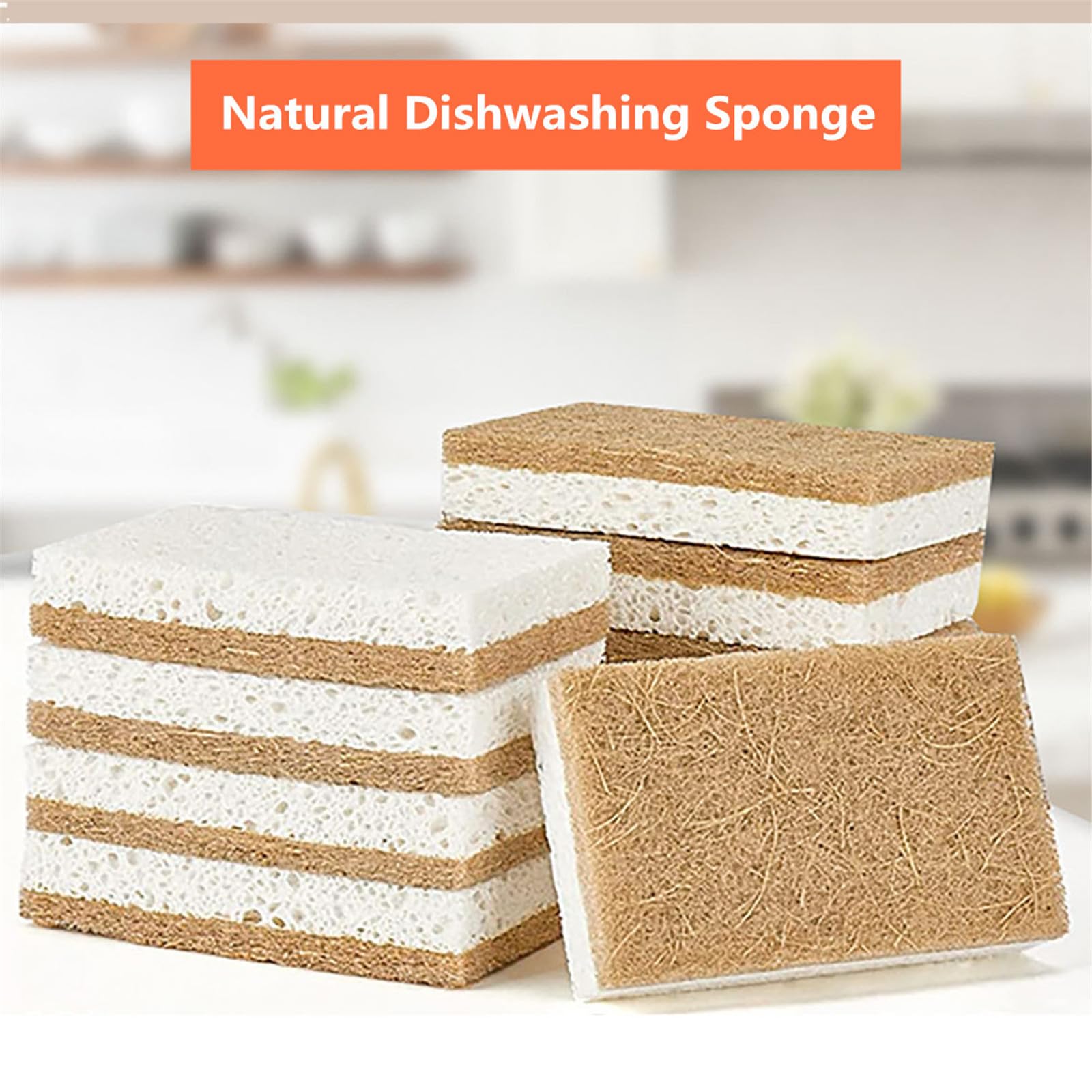 12 Pack Natural Cellulose Biodegradable Sponges, Non Scratch Kitchen Cleaning Sponge, Eco Friendly Coconut Fiber and Wood Cellulose Scrubber Sponge