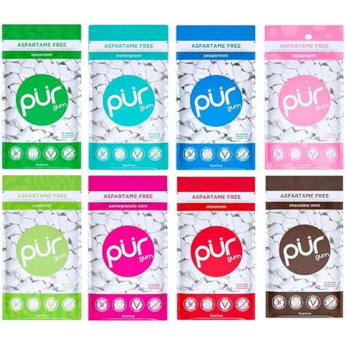 PUR Gum 8 Flavor Assortment Spearmint, Peppermint, Pomegranate Mint, Wintergreen, Cinnamon, Coolmint, Chocolate & Bubblegum