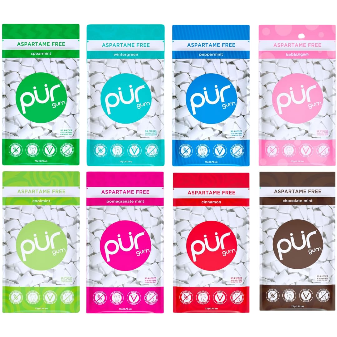 PUR Gum 8 Flavor Assortment Spearmint, Peppermint, Pomegranate Mint, Wintergreen, Cinnamon, Coolmint, Chocolate & Bubblegum