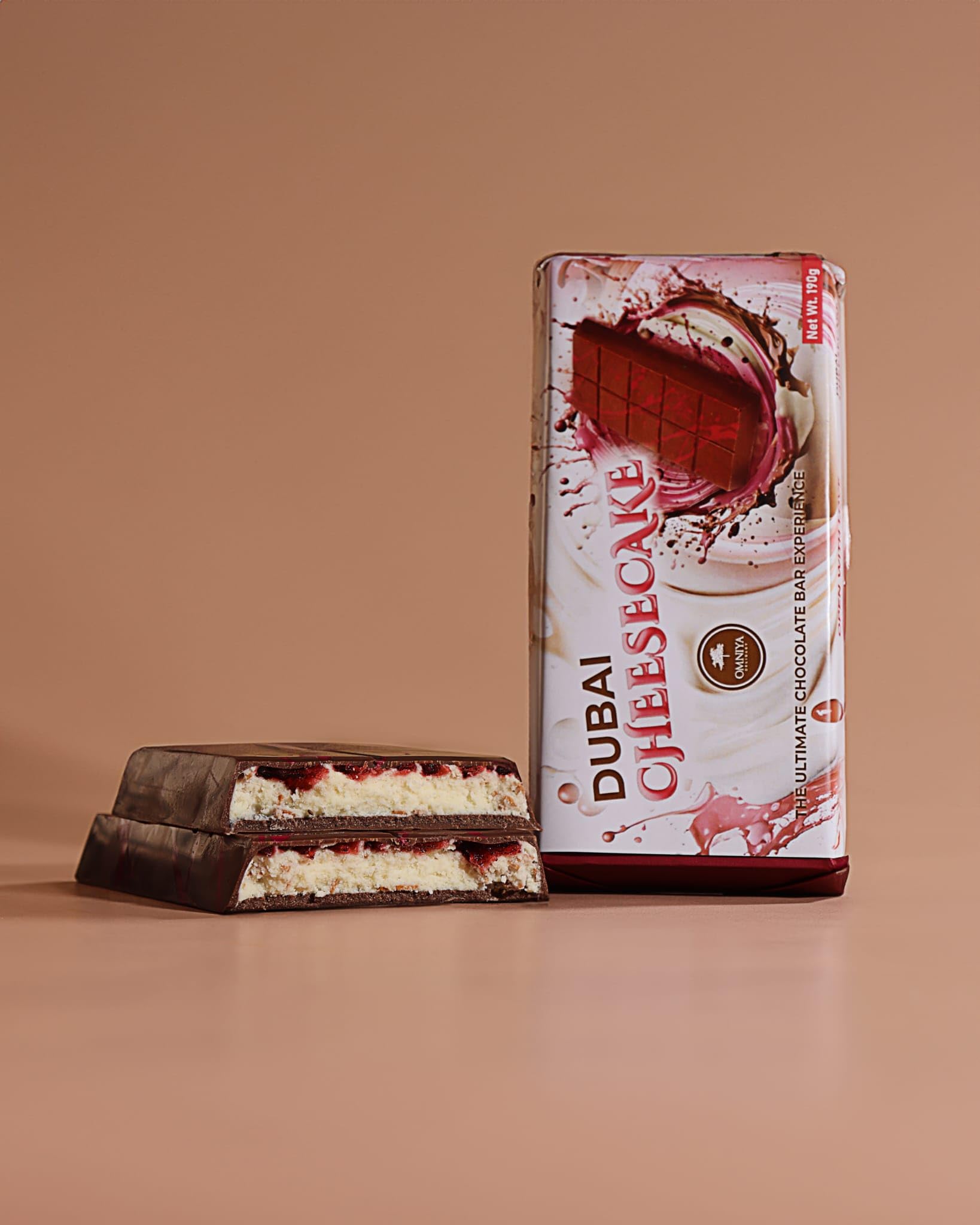 OMNIYA Delicacy Dubai Chocolate Bar Strawberry Cheesecake Kunafa (190g) - Strawberry Cheesecake Cream Layer and Belgian Milk Chocolate - Middle