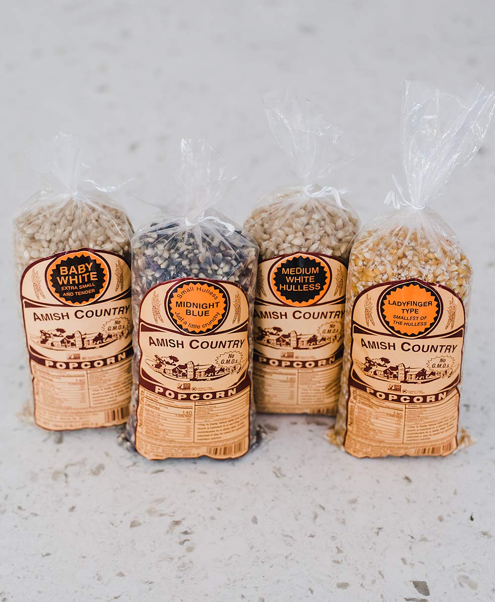 Amish Country Popcorn | 4-1lb Bags | Variety Pack | 1 lb each (Baby White - Medium White - Ladyfinger and Midnight Blue Popcorn Kernels) | Old