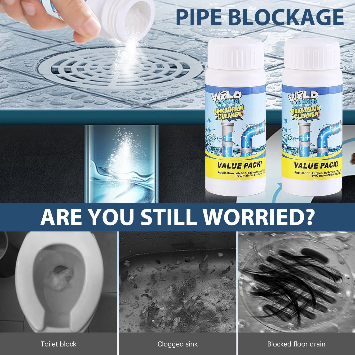 2026 Upgrade Wild Tornado Pipe Dredge, Powerful Sink Drain Cleaner, Multi-functional Drains Cleaners Fast Foaming for Kitchen Toilet Pipeline Quick