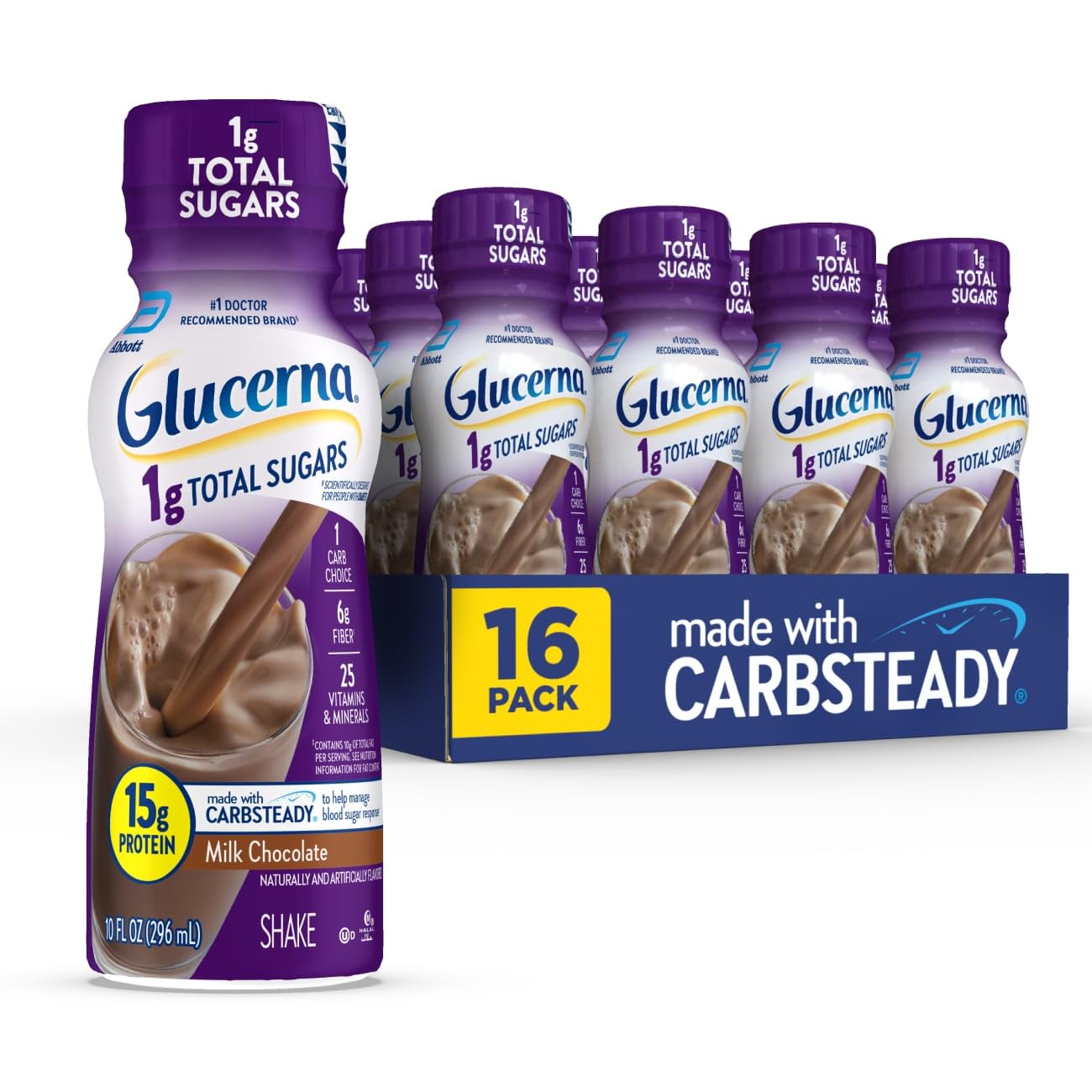 Glucerna 1g Total Sugars, Chocolate Diabetes Care Shake, Diabetic Drink to Support Blood Sugar Management, 15g Protein, 180 Calories, Ready to Drink
