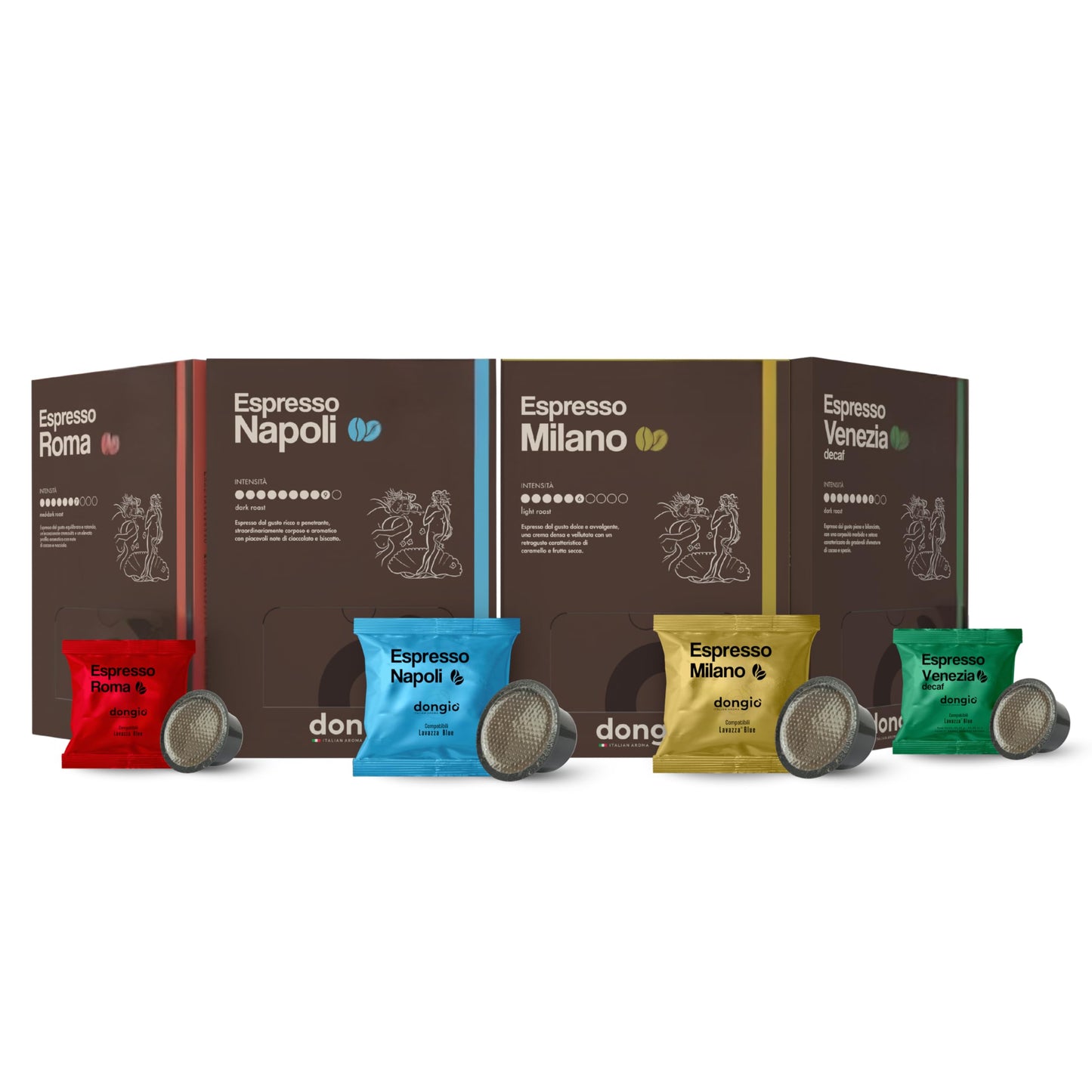 Dongio Caffe Variety Pack Capsules Compatible with Lavazza Blue - 160 Count | Italian Espresso Capsules, Rich Crema, Assorted Roasts, Roasted in Italy