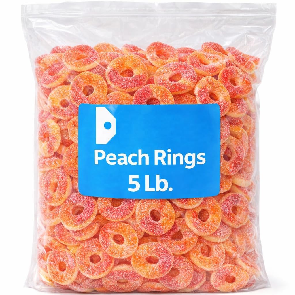 Peach Ring Gummy Candy - 5 lb Bulk Bag - Sugar Coated Chewy Peach Gummies - Soft Fruit Flavored Candy for Parties, Candy Bowls & Snacking