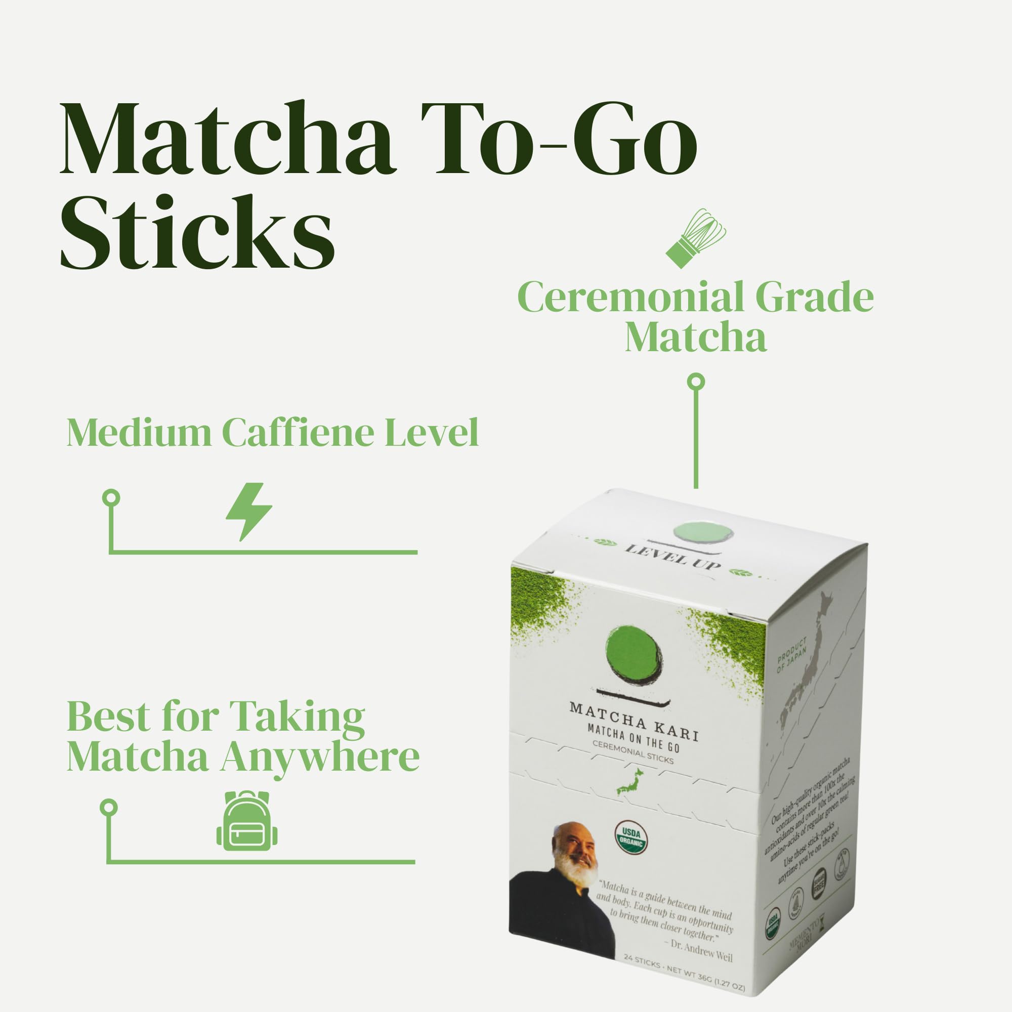 Matcha Green Tea Powder Single Serving Sticks, Dr. Weil's Ceremonial Organic Matcha Powder Singles Packets - Individual Tea Packets (24)